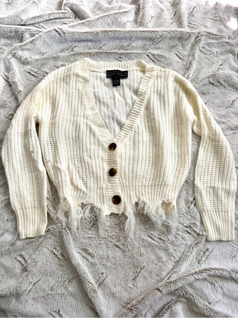 Polly & Esther Cream Cropped Distressed Fringe V neck Ribbed Knit Cardigan